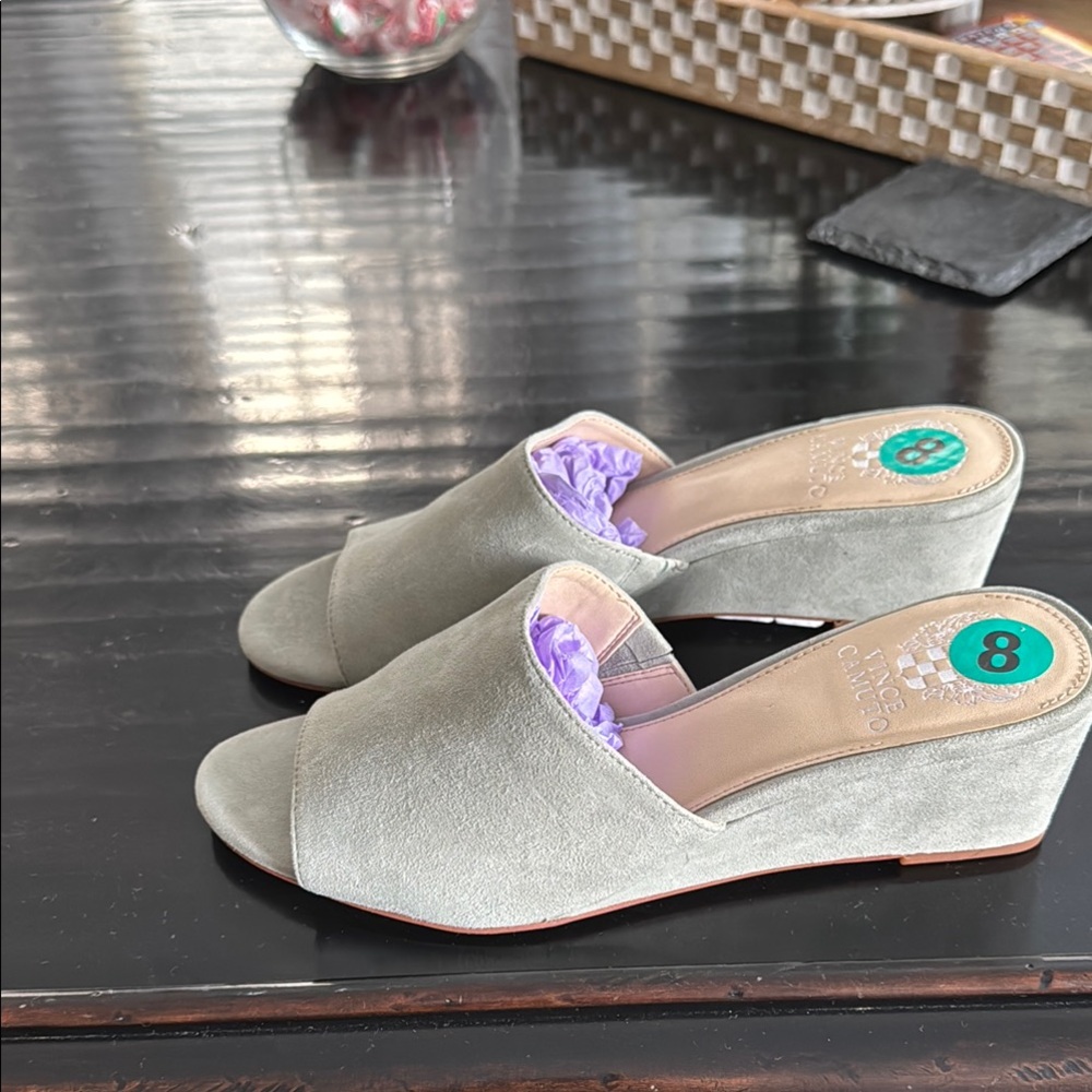 Vince Camuto Stephana Gray Suede Mules with Rounded Open Toe - Picture 4 of 5